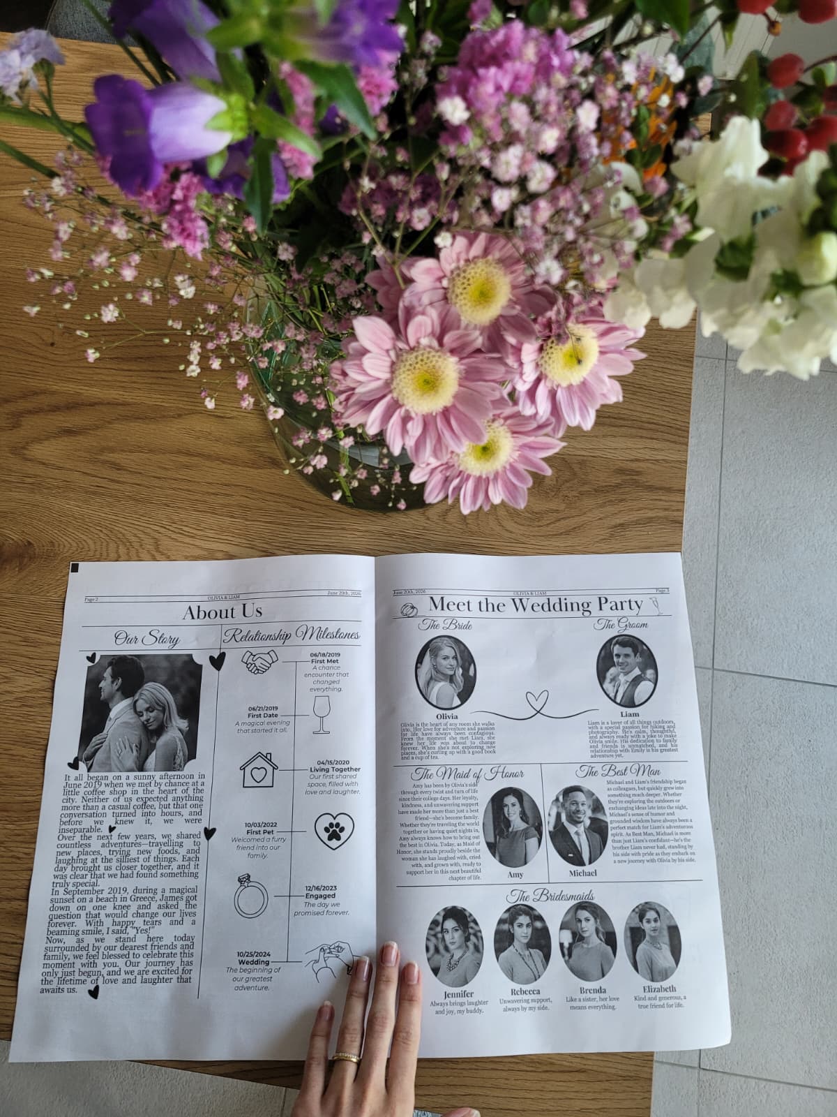Elovaine wedding newspaper open spread showing all pages